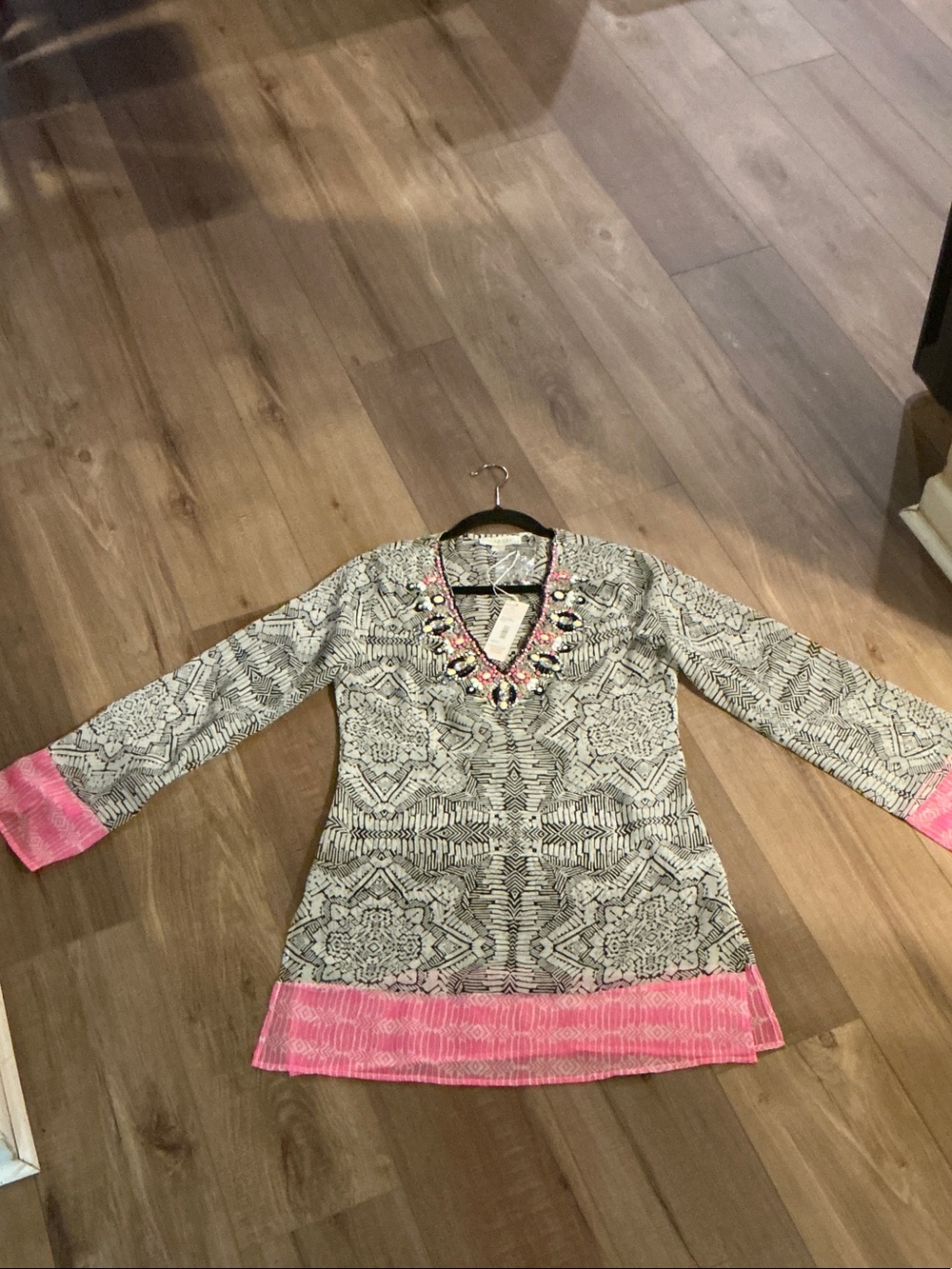 Yumi Kim Black & White Patterned Tunic with Pink Trim